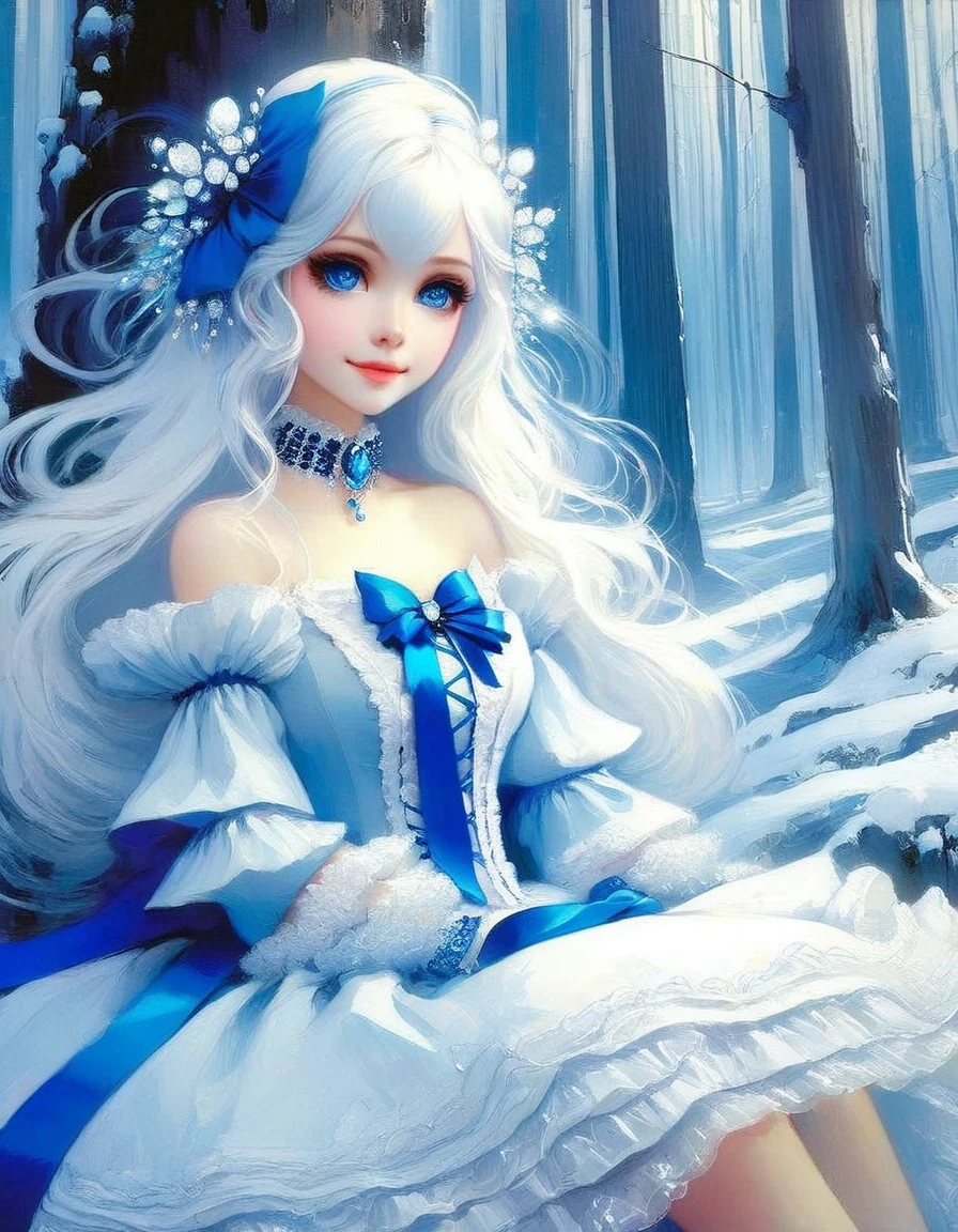 {blue and white theme}, 1girl, solo, alone, smiling, blue gothic ta dress, (white hair, weavy long hair with blue ribbon:1.3), blue sapphire eyes, gems, jewelry, wide sleeves, holding bouquet of crystal flower, outdoors, frozen, forest, full body, masterpiece, highest quality, ultra detailed, Soft light, (rime:1.3), (crystal flower:1.3),(art inspired by Bill Sienkiewicz). oil painting, details of brush strokes that enhance depth)