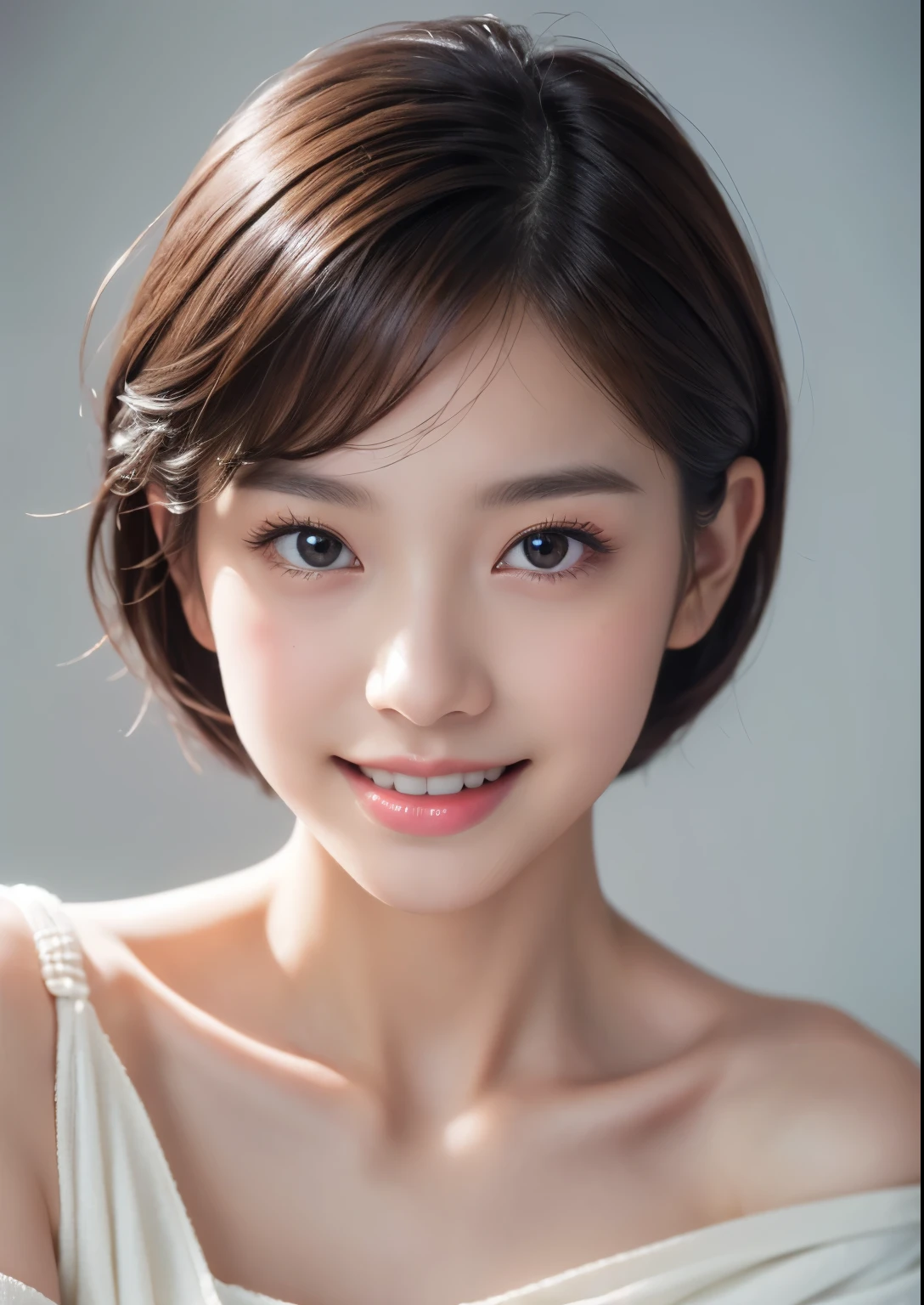 Portrait Photography、fairy tale、short pixie cut hair、1girl、Pale pink gradient background、See this、Like a passport photo、Off-shoulder white sweater、(Bust Shot)、Perfect lighting、Perfect body、Sharp focus、High resolution、High resolution、High color rendering、High resolution、Ultra-realistic、Realistic 8k, Ultra high quality,Crisp image quality, (masterpiece: 1.2), (Beautiful face: 1.2), (Nice body: 1.2), Age 25, Beautiful fingers and red manicure, Shining Sweat, Background Cebu Sea, Long Hair, Genuine, Fantasy, high quality, Genuine, Fantasy, Genuineistic skin, Full Color, 最high quality, Very delicate and beautiful,23 years old,View Viewer, (A shy smile: 1.2),High-definition RAW color photos,Professional photos, (Genuineistic, Realistic: 1.37),alone, full length, Gold One Piece Swimsuit, Beautiful Face, Beautiful Lips, White beautiful teeth, neck tilt