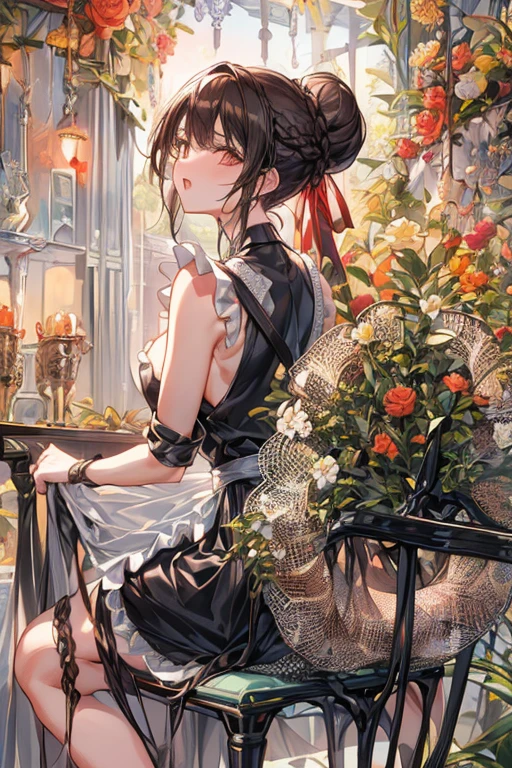 (from below:1.2),(from side:0.6),(Close-Up:0.4), (A masterpiece of image quality in 8K),(Beautiful Allafed Woman),(((emphasizing breasts:1.1))),(Dynamic angles),(Dynamic and sexy bending pose:1.3),(sit a chair:1.2),(Short hair in shiny silver and orange inner colors,small full breasts,Disturbance of clothing due to movement,breast slip,(Ponytail twisted buns adorned with elaborate braids and beads,Braided Setup Fishbone Hair:1.2),(see-through bangs),small breasts,(((A brown lace apron that shows your bare skin from under your small breasts.......)))、garters,Blush with embarrassment、Enraptured eyes、 little open mouth,A smile that beguiles the viewer、(Look back:1.2)、Look into the photographer,skin glistening with sweat,gazing at viewer,,(Professional Lighting),(masutepiece,top-quality,Ultra-high resolution output image,),(Ultra HD with complex detail image modes),depth of fields,Beautiful hands,Beautiful fingers,Detailed finger features,(Detailed hair features:1.7),detailed facial features,detailed clothes features,