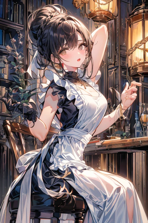 (from below:1.2),(from side:0.6),(Close-Up:0.4), (A masterpiece of image quality in 8K),(Beautiful Allafed Woman),(((emphasizing breasts:1.1))),(Dynamic angles),(Dynamic and sexy bending pose:1.3),(sit a chair:1.2),(Short hair in shiny silver and orange inner colors,small full breasts,Disturbance of clothing due to movement,breast slip,(Ponytail twisted buns adorned with elaborate braids and beads,Braided Setup Fishbone Hair:1.2),(see-through bangs),small breasts,(((A brown lace apron that shows your bare skin from under your small breasts.......)))、garters,Blush with embarrassment、Enraptured eyes、 little open mouth,A smile that beguiles the viewer、(Look back:1.2)、Look into the photographer,skin glistening with sweat,gazing at viewer,,(Professional Lighting),(masutepiece,top-quality,Ultra-high resolution output image,),(Ultra HD with complex detail image modes),depth of fields,Beautiful hands,Beautiful fingers,Detailed finger features,(Detailed hair features:1.7),detailed facial features,detailed clothes features,