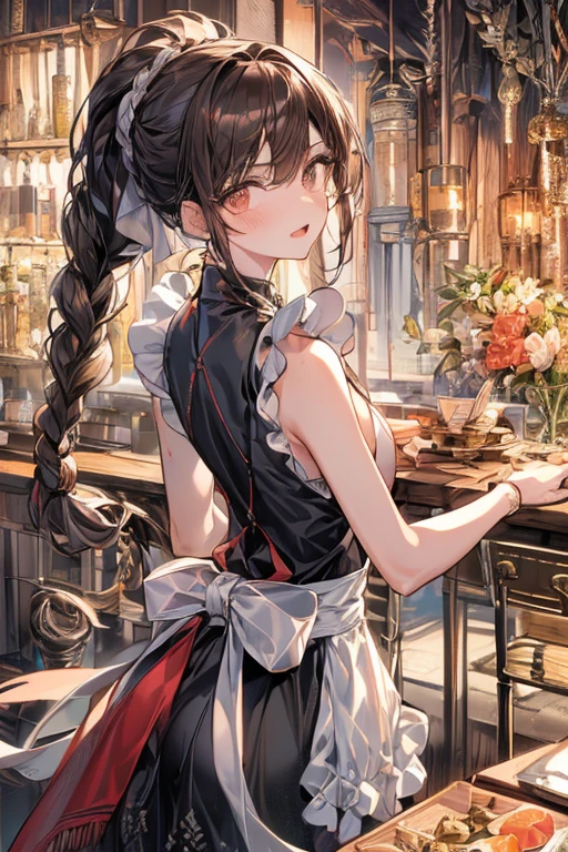 (from below:1.2),(from side:0.6),(Close-Up:0.4), (A masterpiece of image quality in 8K),(Beautiful Allafed Woman),(((emphasizing breasts:1.1))),(Dynamic angles),(Dynamic and sexy bending pose:1.3),(sit a chair:1.2),(Short hair in shiny silver and orange inner colors,small full breasts,Disturbance of clothing due to movement,breast slip,(Ponytail twisted buns adorned with elaborate braids and beads,Braided Setup Fishbone Hair:1.2),(see-through bangs),small breasts,(((A brown lace apron that shows your bare skin from under your small breasts.......)))、garters,Blush with embarrassment、Enraptured eyes、 little open mouth,A smile that beguiles the viewer、(Look back:1.2)、Look into the photographer,skin glistening with sweat,gazing at viewer,,(Professional Lighting),(masutepiece,top-quality,Ultra-high resolution output image,),(Ultra HD with complex detail image modes),depth of fields,Beautiful hands,Beautiful fingers,Detailed finger features,(Detailed hair features:1.7),detailed facial features,detailed clothes features,