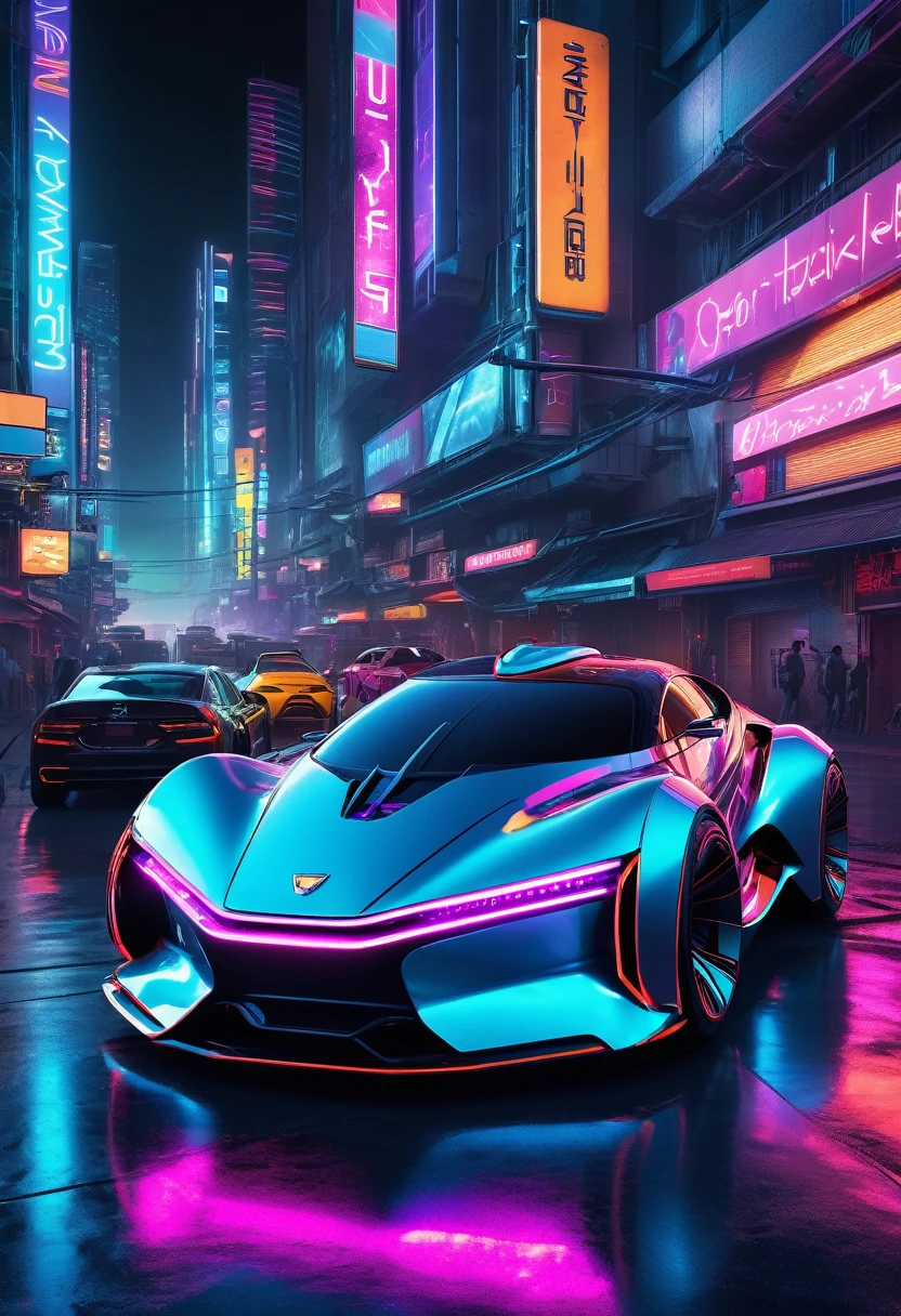 'Futuristic car, sleek design, neon lights, cyberpunk cityscape, high-tech details, glowing elements, metallic finish, advanced technology, dynamic angle, photorealistic, ultra HD'