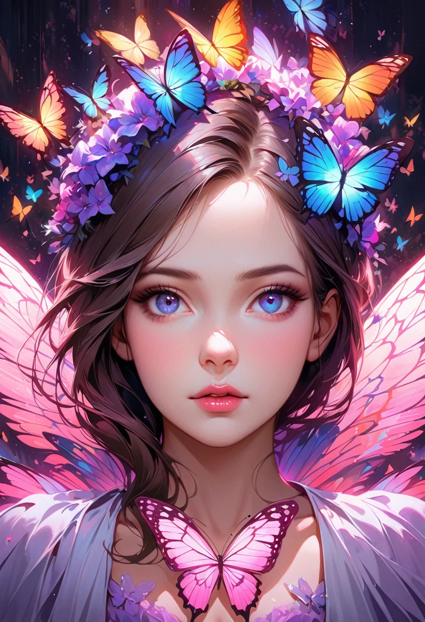 neon butterfly порхает ночью над светящимися цветами. neon butterfly, very realistic, with beautiful wings, beautiful digital art work, beautiful digital art, 