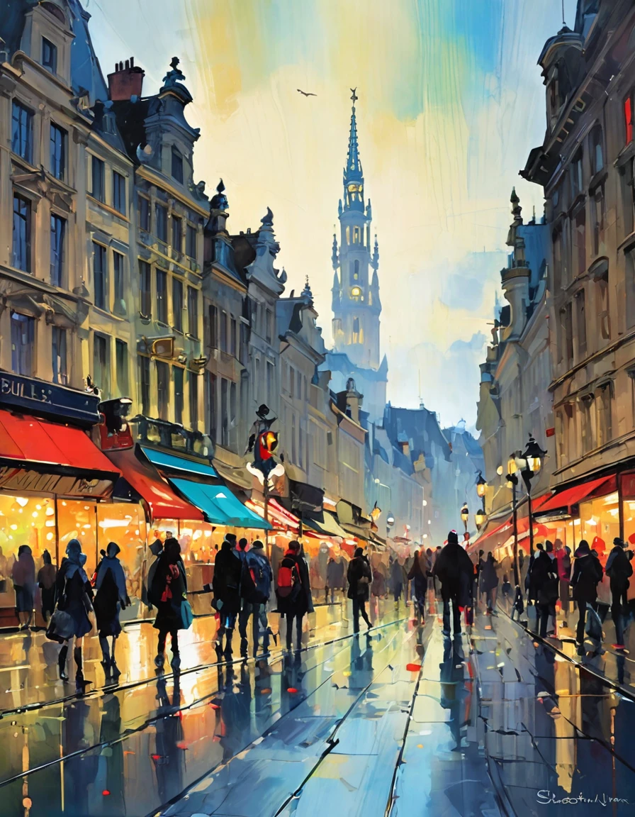 the bustling city, brussels inspired(art inspired by skottie young and Bill Sienkiewicz). oil painting, details of brush strokes that enhance depth)
