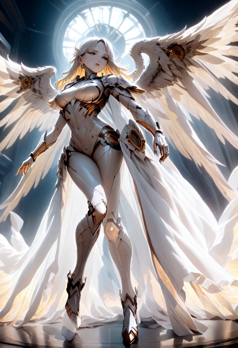 You have a mission!! task (((The most beautiful bionic angel in a perfectly tailored outfit in a given situation))), (give the solution!!), (((one rule is the golden ratio and white balance))), ((always draw hands and fingers correctly, correct them if you make a mistake)), In the darkness, a woman's figure is illuminated by a circular light that frames her head, young  cyborgetic angelic female, complete body, Caucasian skin, short,  body, bio cyborg body, show cleavage, bio cyborg arm's, curved lips, long fire hair, bio cyborg legs, battle Valhalla background,  ultra detailed lighting, Translucent mechanical wing ,  ultrarealistic, 8k, neon golden aura,
