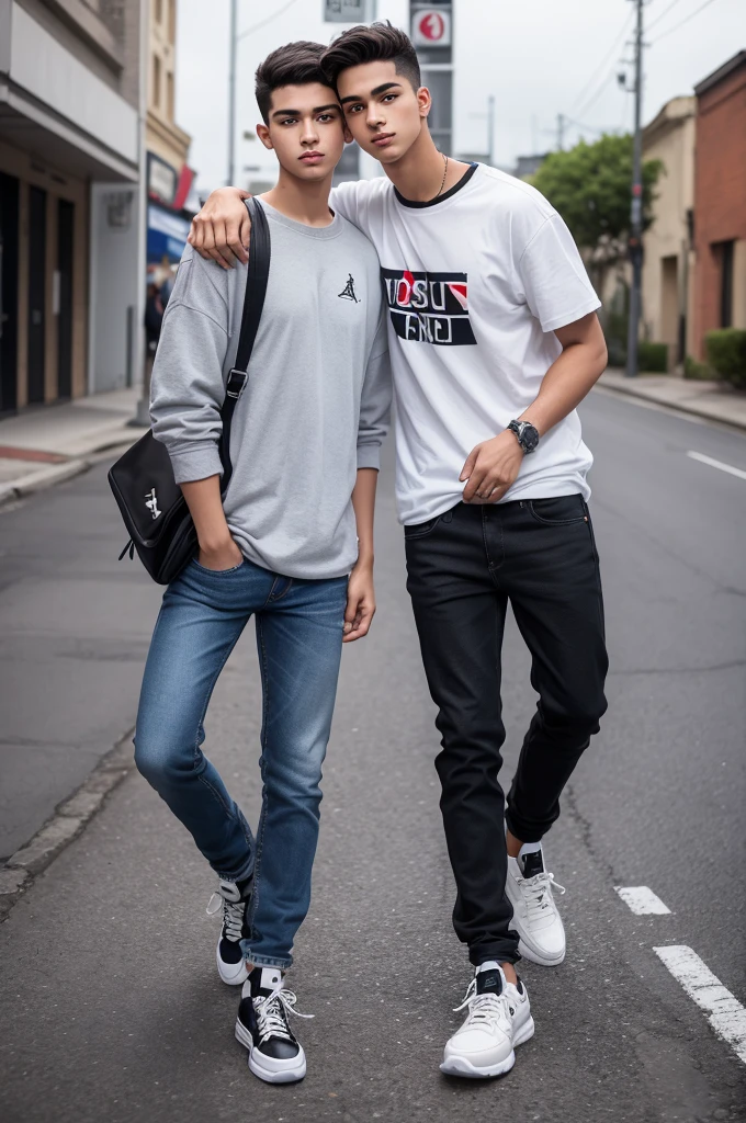 Serious 18 year old boy short dark brown hair black eyes. Usando casaco por cima de um colete aprova de balas. Jeans and black Air Jordan sneakers