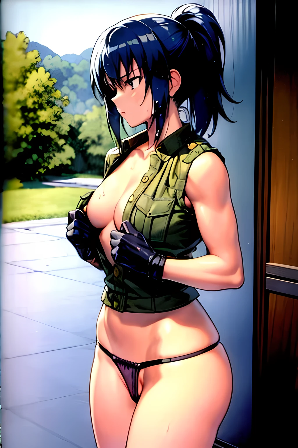 masterpiece, best quality, anime 1990s \(style\, leona heidern, naked chest, fully open vest, thong, panty ,desert, army, cammo. pony tail, wet, serious, soldier.