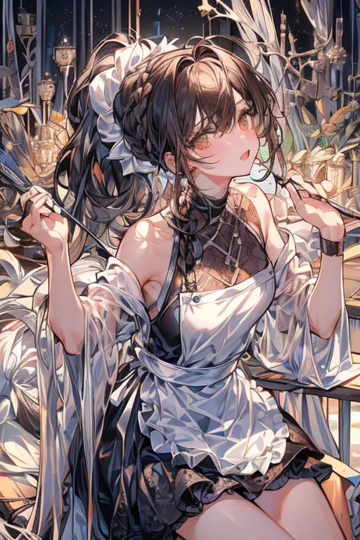(from above:1.2),(from side:0.6),(Close-Up:0.4), (A masterpiece of image quality in 8K),(Beautiful Allafed Woman),(((emphasizing breasts:1.1))),(Dynamic angles),(Dynamic and sexy bending pose:1.3),(sit a chair:1.2),(Short hair in shiny silver and orange inner colors,small full breasts,Disturbance of clothing due to movement,breast slip,(Ponytail twisted buns adorned with elaborate braids and beads,Braided Setup Fishbone Hair:1.2),(see-through bangs),small breasts,(((A brown lace apron that shows your bare skin from under your small breasts.......)))、garters,Blush with embarrassment、Enraptured eyes、 little open mouth,A smile that beguiles the viewer、(Look back:1.2)、Look into the photographer,skin glistening with sweat,gazing at viewer,,(Professional Lighting),(masutepiece,top-quality,Ultra-high resolution output image,),(Ultra HD with complex detail image modes),depth of fields,Beautiful hands,Beautiful fingers,Detailed finger features,(Detailed hair features:1.7),detailed facial features,detailed clothes features,