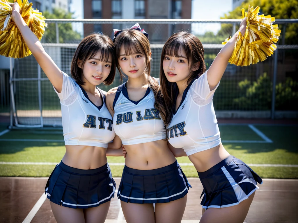 (RAW photo, 4k, masterpiece, high resolution, extremely complex) (realistic: 1.4), cinematic lighting
((2 girls, 2 schoolgirls)),blushing,((innocent)),bright eyes,round eyes,blunt bangs,(short bob hair:1.3),black hair,large breasts,wide hips,Summer Noon, ,Hot, (Best Quality), (Highres), (an Extremely Delicate and Beautiful),(Beautiful 8k face),(Brown eyes),( spectators),(gigantic breasts),(Play with each other,Touching each other's bodies,Touching the body),(cheer girl:1.5),(a miniskirt),(reality),bright lighting,(The background is a luxury hotel room)