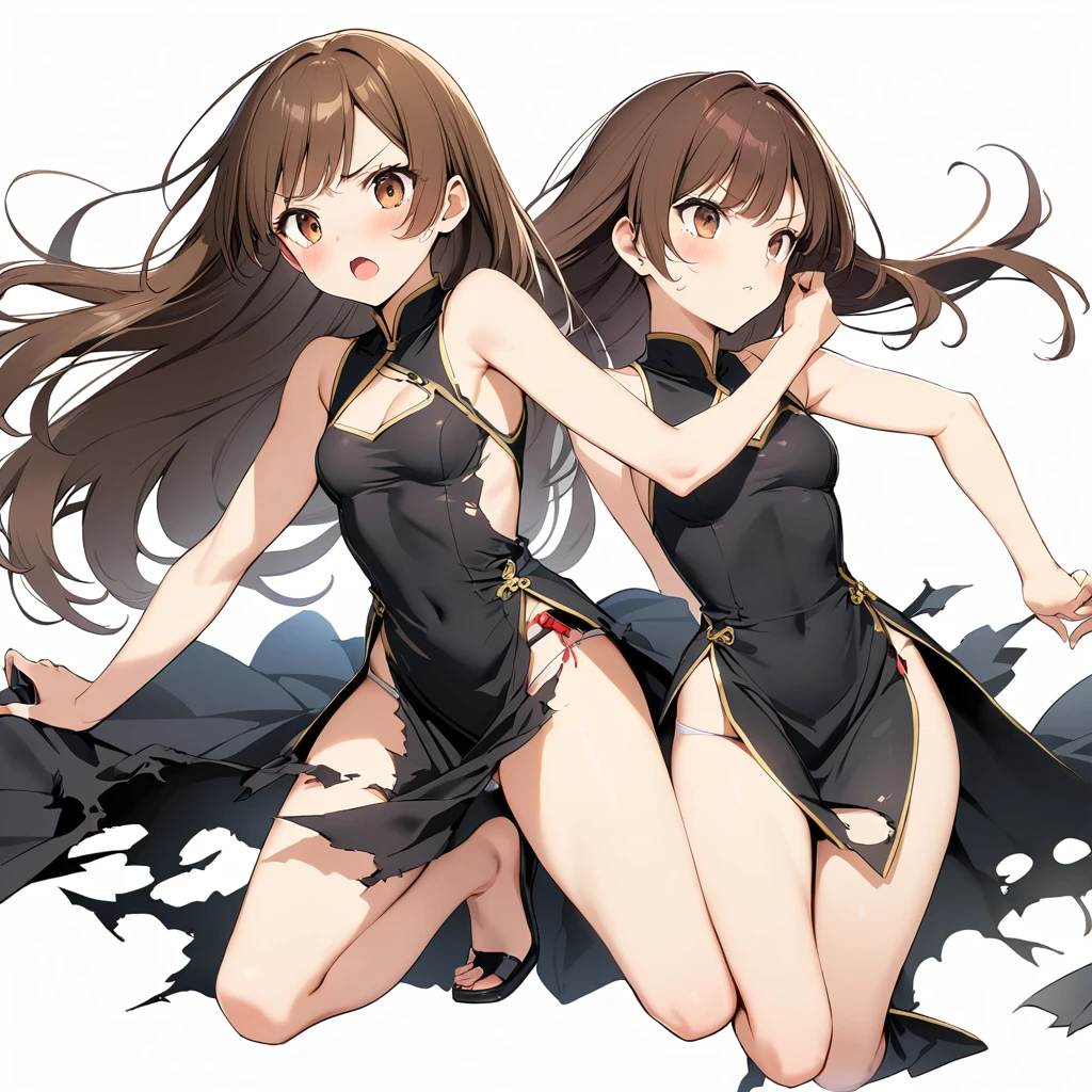 16k works,highest quality,18-year-old,No background.White background only,whole body、Kneel,Dynamic and sexy pose, one person, Beautiful Face,, Symmetrical eyes, Perfect body, Good balance、 Perfect body、Brown eyes,A painful depiction,,Brown Hair,Long Hair,bangs,(Torn clothes:1.4,Short black Chinese dress、Sleeveless、Deep slit,panties,)
