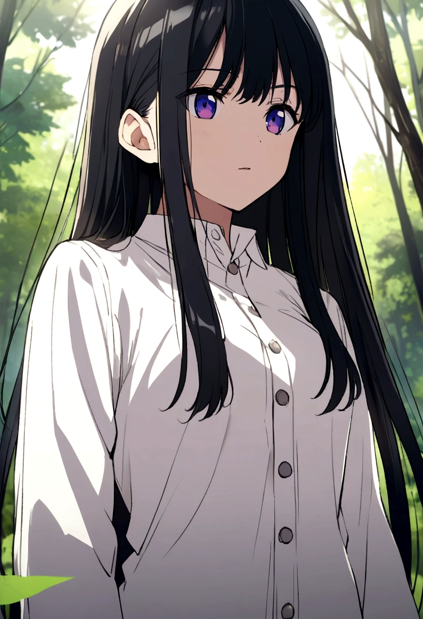 anime, shoulder-length straight black hair, forest background, white button-up