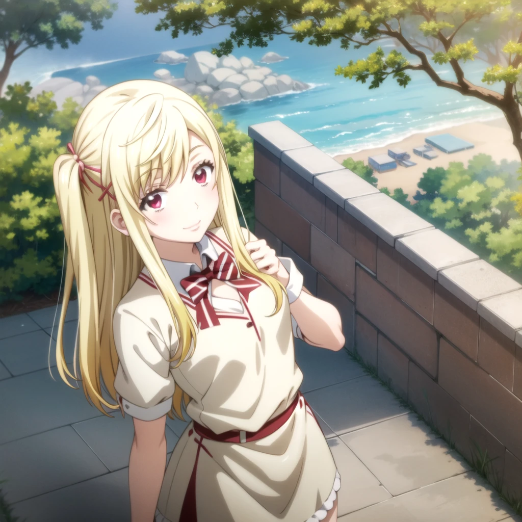 Primer plano de una mujer (Fondo blanco, fondo liso, fondo sencillo:1.3),
yamada_amarillo, 1 chica, pelo rubio, solo, pelo largo, adorno para el pelo, , sonrisa, arco, red eyes my dress darling anime, hermosa seductora anime adolescente, visual anime de una linda chica fan art, barbie anime en medias blancas, atuendo revelador, anime hi-fructose, obra maestra, mejor calidad, high resolution, one side up, solo, falda blanca, Red ribbon, Camisa rosa, Falda plisada, golpes, cinta para el cuello, mangas cortas hinchadas, tiro de vaquero, al aire libre, sonrisa, escalera, tree, edificio,