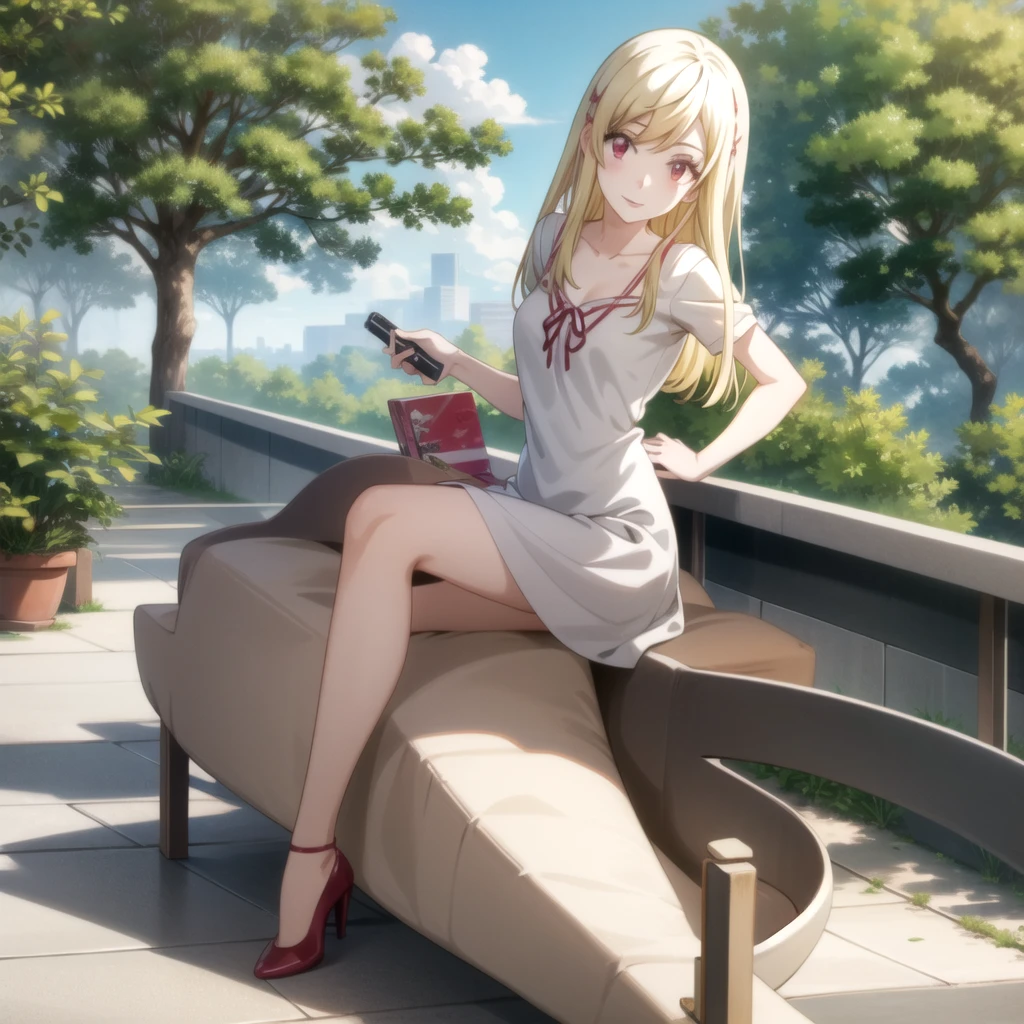 Primer plano de una mujer (Fondo blanco, fondo liso, fondo sencillo:1.3),
yamada_amarillo, 1 chica, pelo rubio, solo, pelo largo, adorno para el pelo, , sonrisa, arco, red eyes my dress darling anime, hermosa seductora anime adolescente, visual anime de una linda chica fan art, barbie anime en medias blancas, atuendo revelador, anime hi-fructose, obra maestra, mejor calidad, high resolution, one side up, solo, falda blanca, Red ribbon, Camisa rosa, Falda plisada, golpes, cinta para el cuello, mangas cortas hinchadas, tiro de vaquero, al aire libre, sonrisa, escalera, tree, edificio,