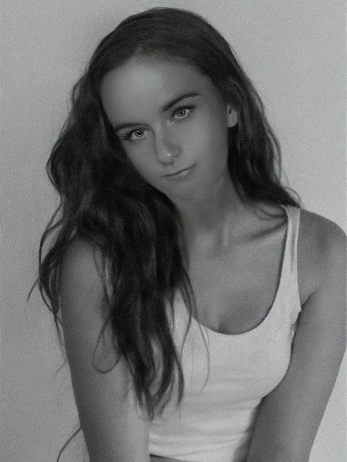 Close-up of a woman with long hair wearing a tank top, 2, 4 year old girl model, Kaylee Mandel, inspired by Louise Mathiasdottir, Portrait of a girl Madison Beer, In black and white, black and white portrait, Black and white photo, Victoria Havrylenko, photo of the model, half body head shot