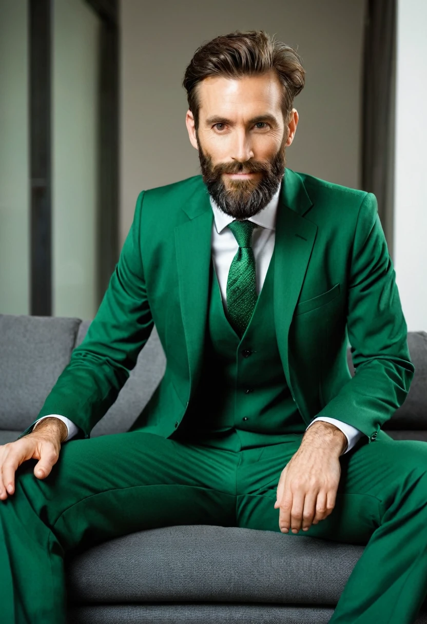 masculine, bearded lean 35 years old male doctor wearing a dark green suit and barefeet. He is very tall and relaxing on a small sofa. His feet are visible in the picture.