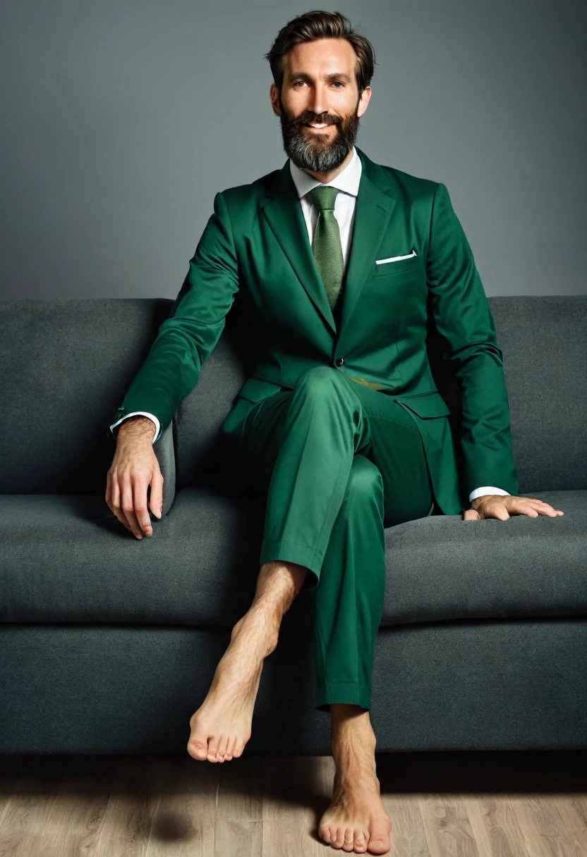 masculine, bearded lean 35 years old male doctor wearing a dark green suit and barefeet. He is very tall and relaxing on a small sofa. His feet are visible in the picture.