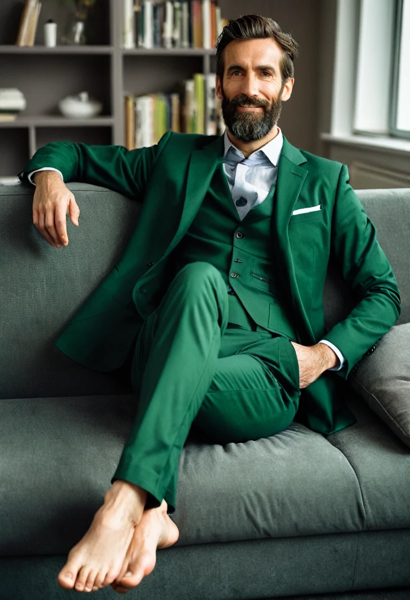 masculine, bearded lean 35 years old male doctor wearing a dark green suit and barefeet. He is very tall and relaxing on a small sofa. His feet are visible in the picture.