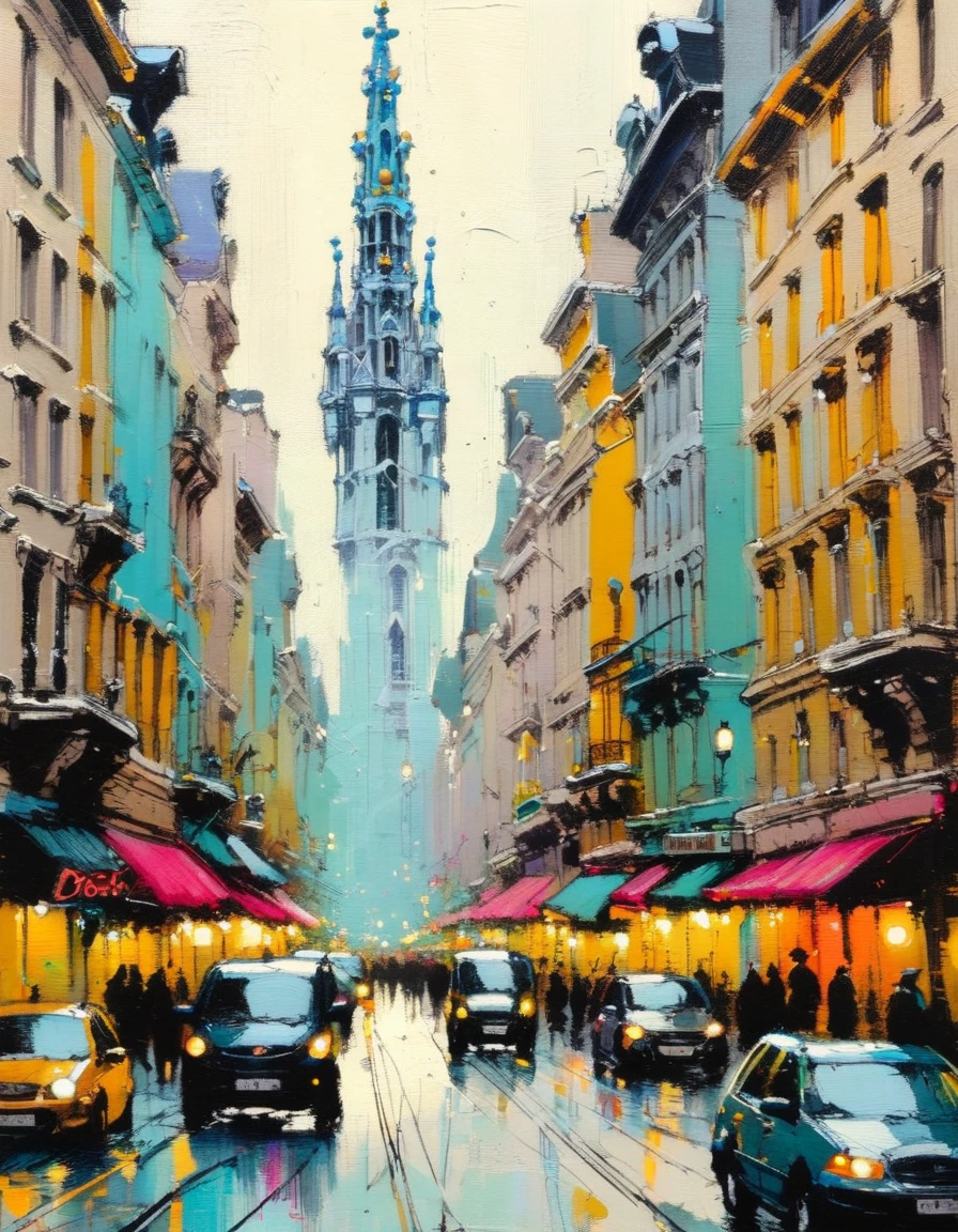 the bustling city, brussels inspired(art inspired by skottie young and Bill Sienkiewicz). oil painting, details of brush strokes that enhance depth)
