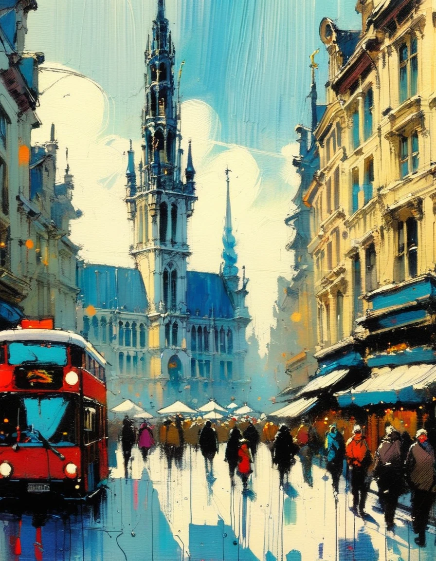 the bustling city, brussels inspired(art inspired by skottie young and Bill Sienkiewicz). oil painting, details of brush strokes that enhance depth)