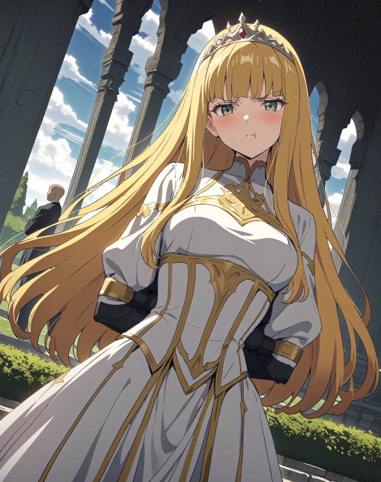 {{upper body, dutch angle}} {{Artist: moisture_(chichi)}} 1 woman, 2 guards on either side restraining her, 2 men wearing armor, mature female, elegant, princess, medium breasts, straight hair, golden hair, long hair, hime cut, green eyes, white dress, gold trim, tiara, looking at viewer, pout, restrained by two men, faceless male, outdoors, garden, palace, cloudy, moonlight, window.