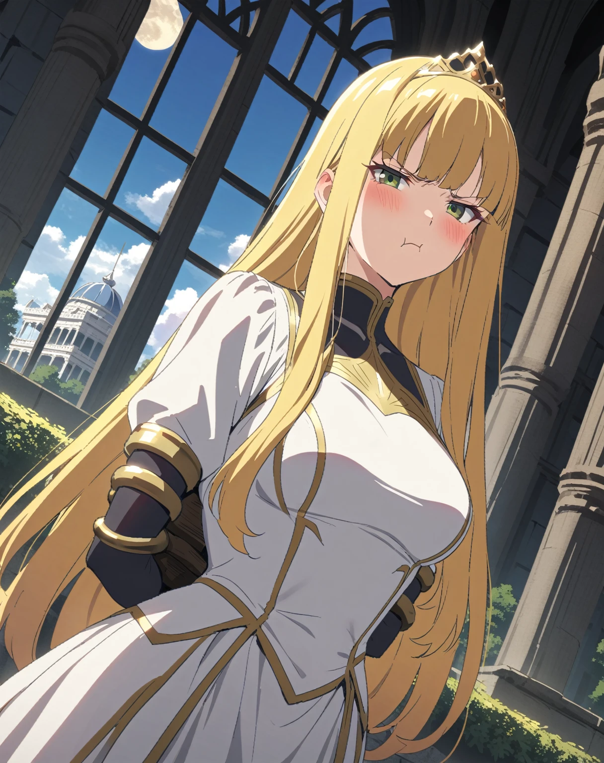 {{upper body, dutch angle}} {{Artist: Sincos}} 1 woman, 2 guards on either side restraining her, 2 men wearing armor, mature female, elegant, princess, medium breasts, straight hair, golden hair, long hair, hime cut, green eyes, white dress, gold trim, tiara, looking at viewer, pout, restrained by two men, faceless male, outdoors, garden, palace, cloudy, moonlight, window.
