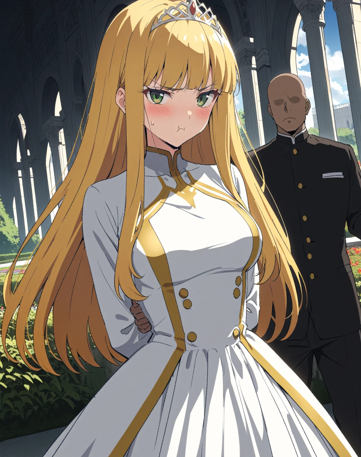 {{upper body, dutch angle}} {{Artist: Sincos}} 1 woman, 2 guards on either side restraining her, 2 men wearing armor, mature female, elegant, princess, medium breasts, straight hair, golden hair, long hair, hime cut, green eyes, white dress, gold trim, tiara, looking at viewer, pout, restrained by two men, faceless male, outdoors, garden, palace, cloudy, moonlight, window.