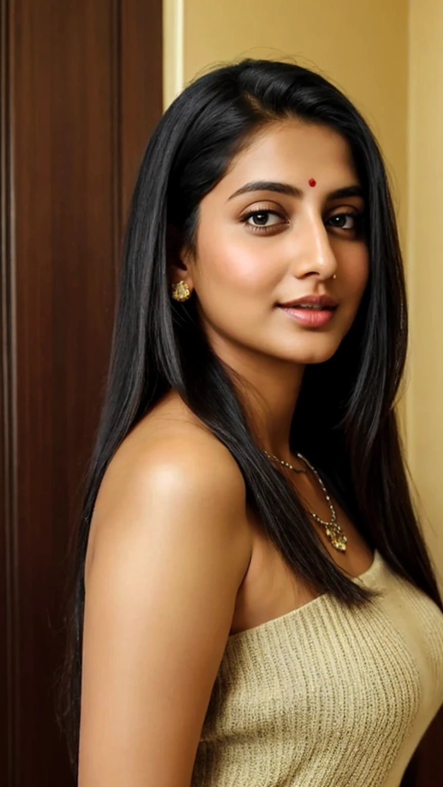1girl in, age 29, Solo, Long hair, Colossal , Looking at Viewer, blondehair and black, Bare shoulders, Brown eyes, jewely, Full body, a necklace, off shoulders, Sweaters, Realistic, A sexy Indian bhabhi ,with big boob,real