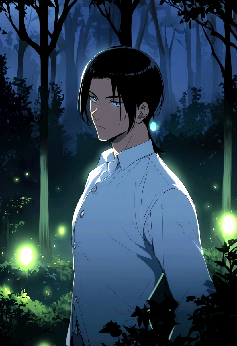 anime man, shoulder-length straight black hair, forest background, white button-up