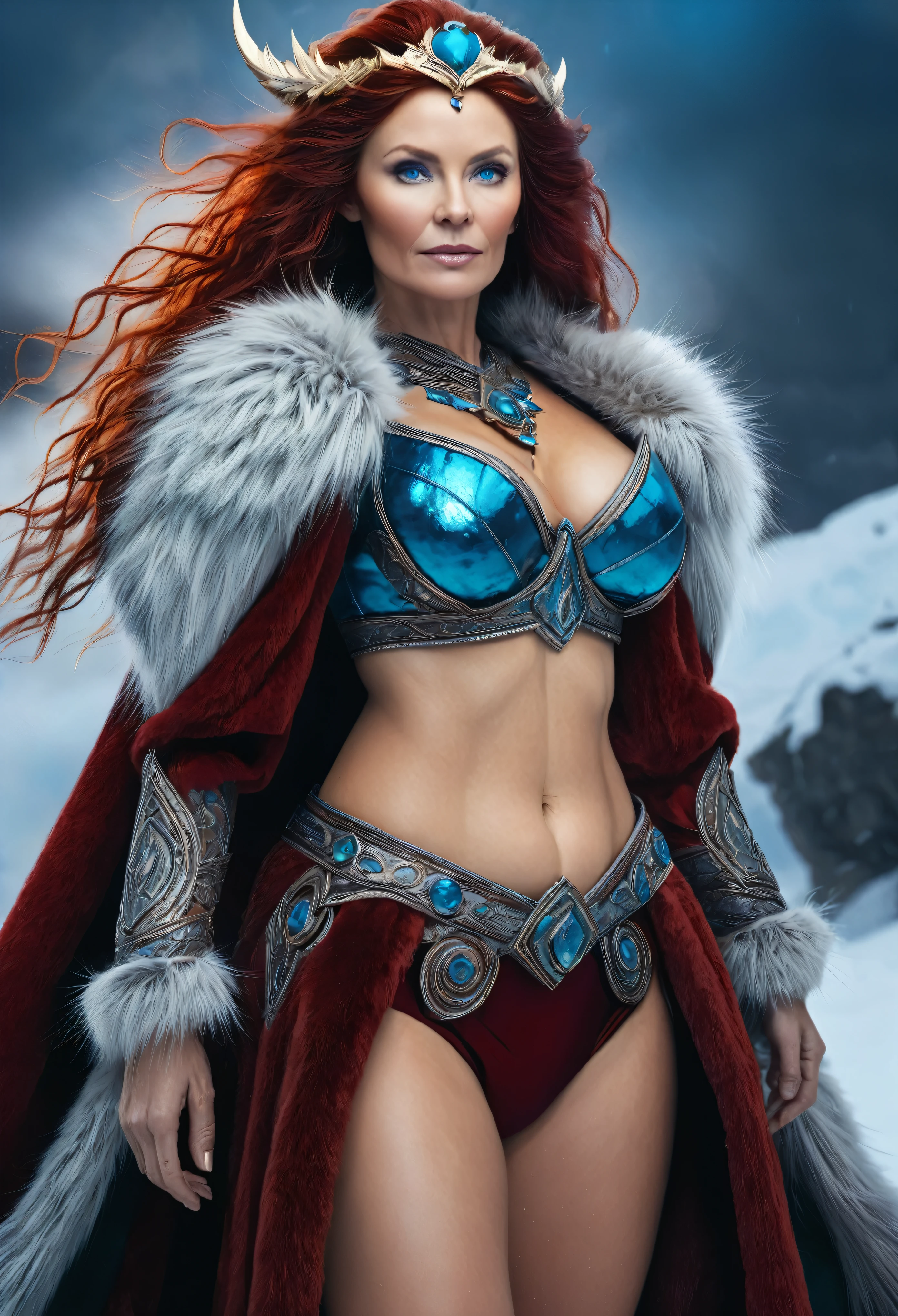 Full body Portrait of the Great Nordic Queen, a very gorgeous woman, 50 years old, thick healthy body, erotic warrior costumes, dark red styled fluffy hair, natural Blue eyes, a nose with a bump, an elongated chin, dressed in ancient national,
8k resolution, dynamic lighting hyperdetailed intricately detailed Splash art trending on Artstation triadic colors Unreal Engine 5 volumetric lighting, oil painting, heavy strokes