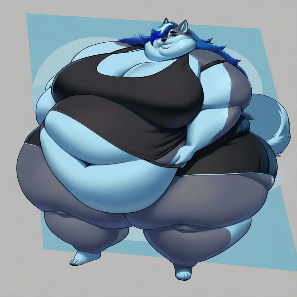 Malamute, female, huge breasts, huge hips, huge thighs, long hair, huge belly,fat arms, fat legs, belly rolls, fat rolls,double chin, chubby cheeks,blue body, white highlights, dark blue hair,rolled up tail, black tank top, black shorts