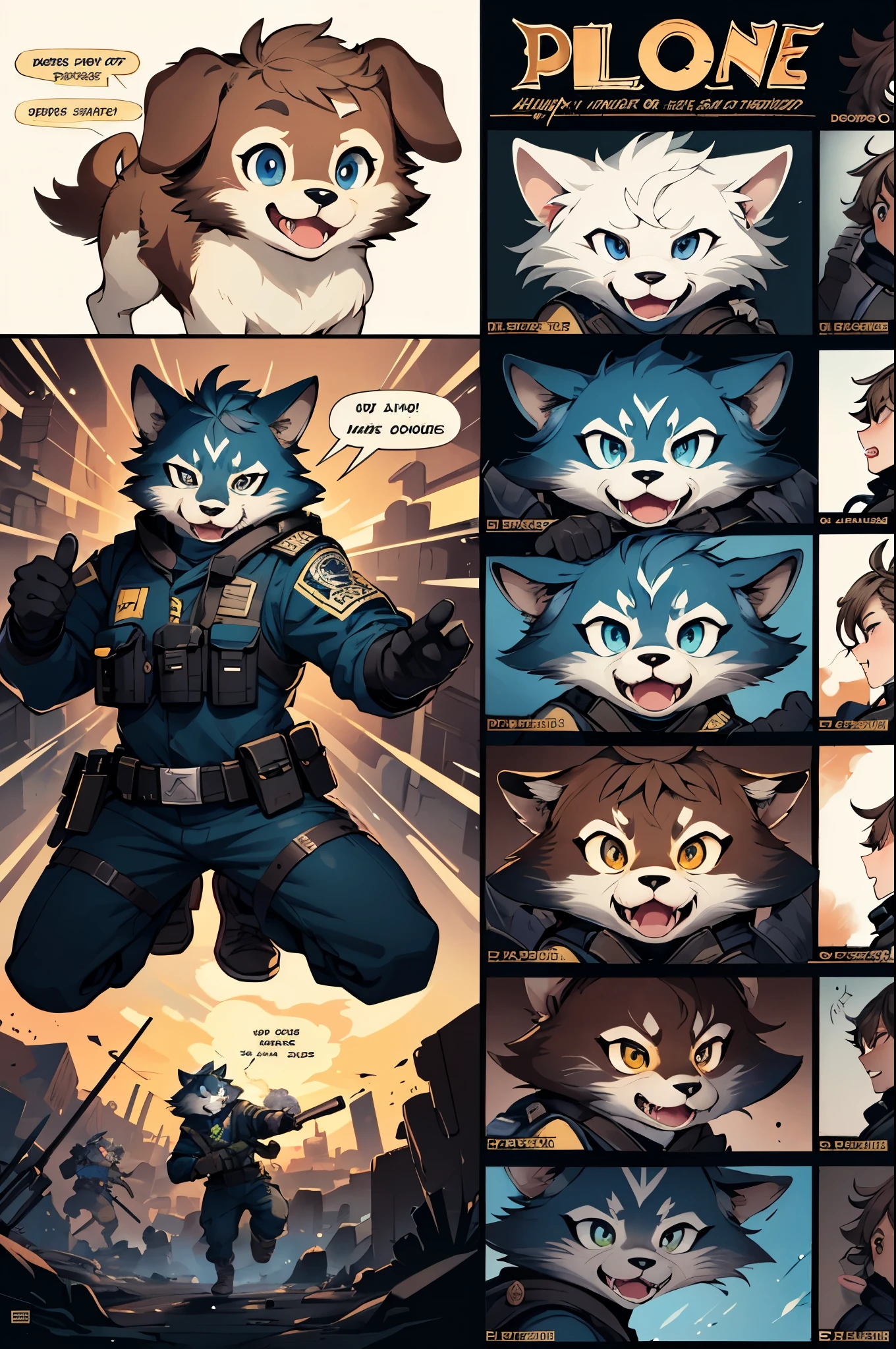 top quality, best quality, highres, masterpiece, super high resolution, detailed background, street, gasping for air(super handsome boys, dog)police officer, swat, police uniform, 6+boys, 6+girls, absurdres(highly detailed beautiful face and eyes)perfect anatomy, good lighting, cinematic shadow(kemono, furry anthro)assorted expressions, assorted poses, assorted angles, full body, upper shot, dynamic angle(boys comic-like panel layouts, speech balloon, English text, Hand-drawn sound effects stickers used in battle comic),
