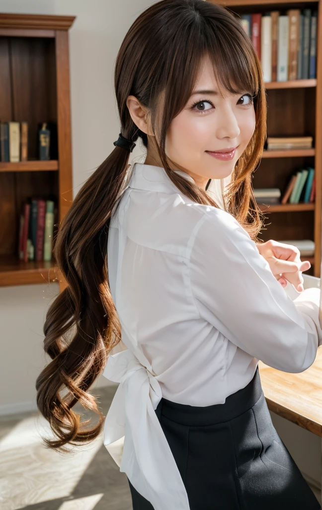 (Best quality, 8k, 32k, Masterpiece, UHD:1.2), from behind, 1 walking girl, beautiy Japanese office lady, (smile:0.5), (looking at the the viewer), 30 years old, bit chubby, white shirt, black skirt, office room, desk, detailed beautiful face, twin-tail wavy hair, from below,