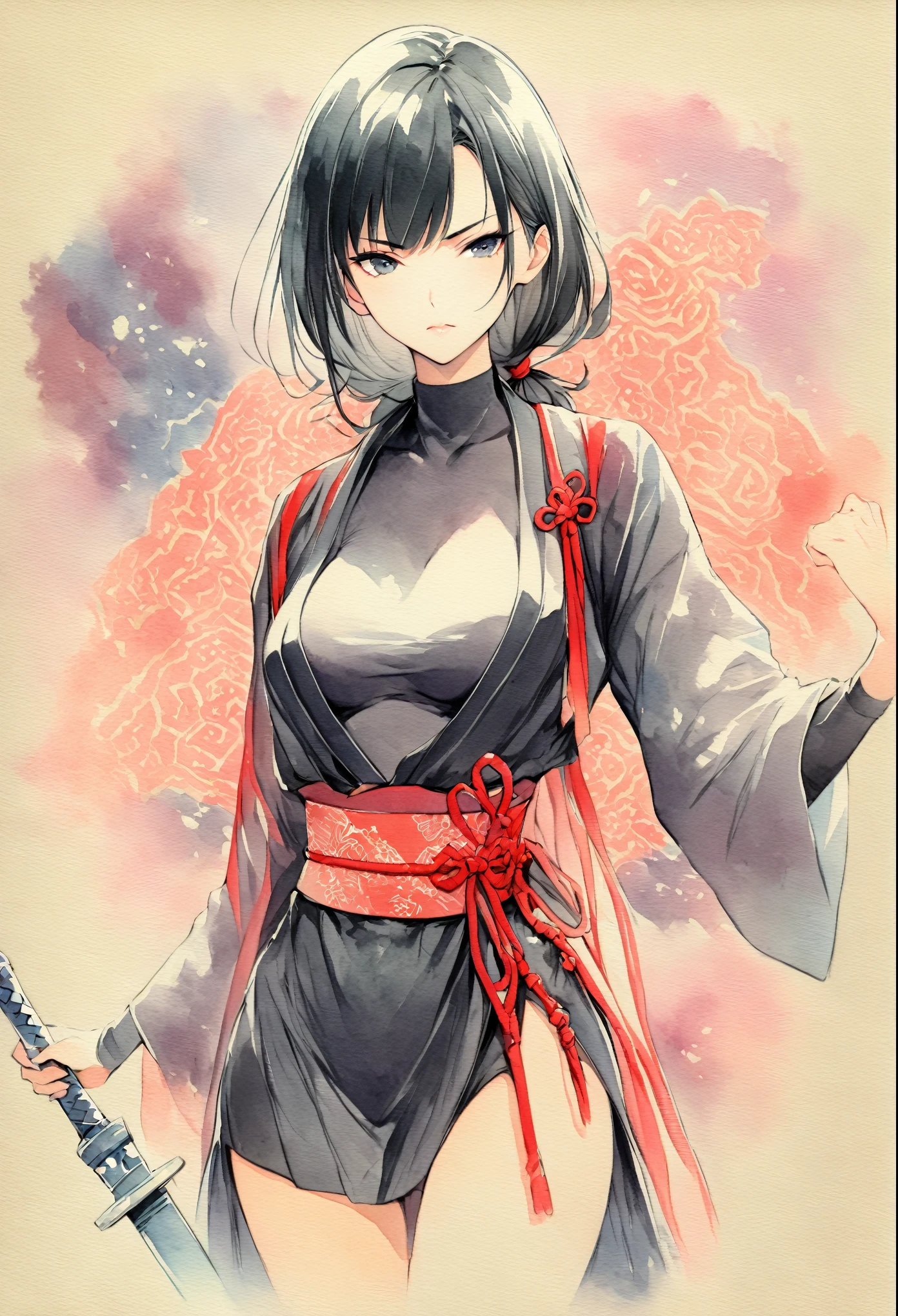 masterpiece, Best quality, Drawing of a black-haired futuristic female ninja illustration, watercolor (medium), 1girl, breast, Dressed in sophisticated modern ninja costumes,Equipped with traditional and technological weapons. She has long black hair,Tied with a red ribbon and a symbol。She must be wearing a high-end black outfit with red accents,These include letters. She holds a dagger,The hilt and scabbard have intricate patterns. The background is the Edo period, Five fingers, Right fist.