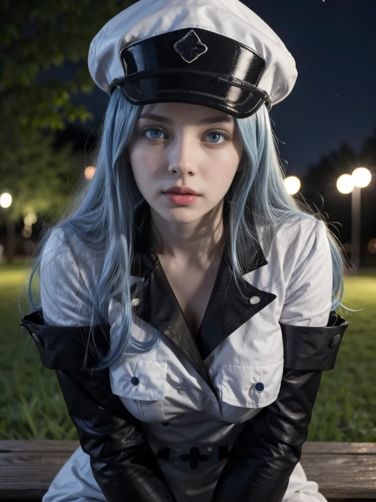 (artwork, best quality) a girl with long blue hair, blue eyes, blue eyelashes, white sailor suit with captain's hat, big breasts, biting her lip, sensual, sitting, in a park, at night