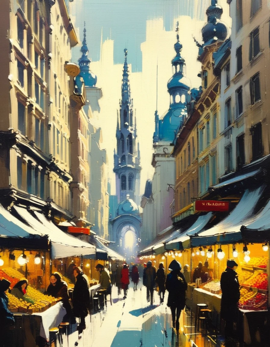 the bustling city, inspired by brussels, markets, cafes, (art inspired by skottie young and Bill Sienkiewicz). oil painting, details of brush strokes that enhance depth)