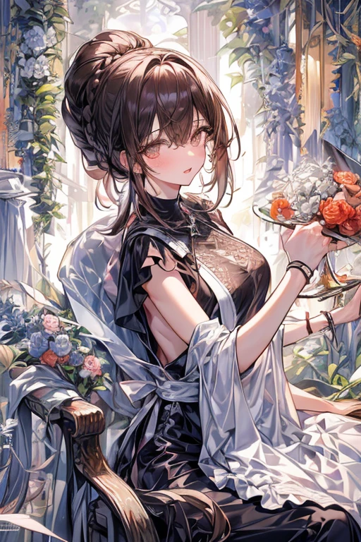 (from above:1.2),(from side:0.6),(Close-Up:0.4), (A masterpiece of image quality in 8K),(Beautiful Allafed Woman),(((emphasizing breasts:1.1))),(Dynamic angles),(Dynamic and sexy bending pose:1.3),(sit a chair:1.2),(Short hair in shiny silver and orange inner colors,small full breasts,Disturbance of clothing due to movement,breast slip,(Ponytail twisted buns adorned with elaborate braids and beads,Braided Setup Fishbone Hair:1.2),(see-through bangs),small breasts,(((A brown lace apron that shows your bare skin from under your small breasts.......)))、garters,Blush with embarrassment、Enraptured eyes、 little open mouth,A smile that beguiles the viewer、(Look back:1.2)、Look into the photographer,skin glistening with sweat,gazing at viewer,,(Professional Lighting),(masutepiece,top-quality,Ultra-high resolution output image,),(Ultra HD with complex detail image modes),depth of fields,Beautiful hands,Beautiful fingers,Detailed finger features,(Detailed hair features:1.7),detailed facial features,detailed clothes features,