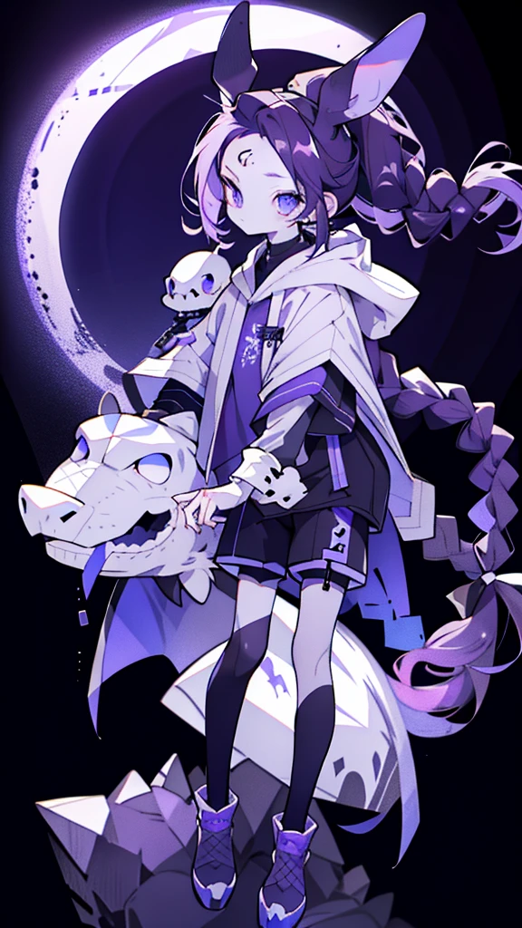 boy rabbit thoughtful look open forehead. dark purple hair braided into a ponytail on the left side. sinuous black horns wrapped in dark purple ribbon. pale violet eyes. in short dark purple shorts. long white T-shirt. dark purple knee-high socks. white long cloak with hood inside. stone walls purple light