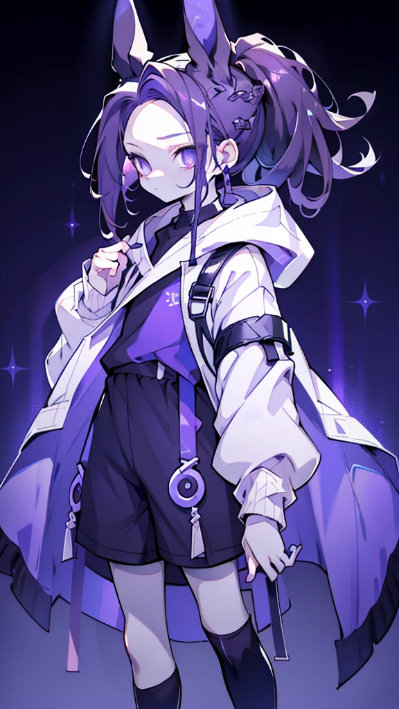 boy rabbit thoughtful look open forehead. dark purple hair braided into a ponytail on the left side. sinuous black horns wrapped in dark purple ribbon. pale violet eyes. in short dark purple shorts. long white T-shirt. dark purple knee-high socks. white long cloak with hood inside. stone walls purple light