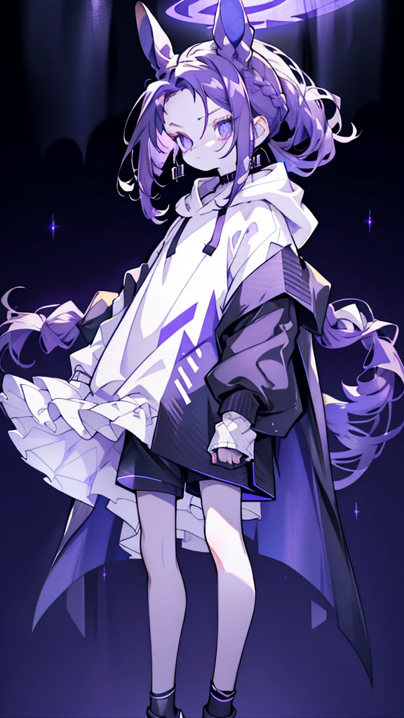 boy rabbit thoughtful look open forehead. dark purple hair braided into a ponytail on the left side. sinuous black horns wrapped in dark purple ribbon. pale violet eyes. in short dark purple shorts. long white T-shirt. dark purple knee-high socks. white long cloak with hood inside. stone walls purple light