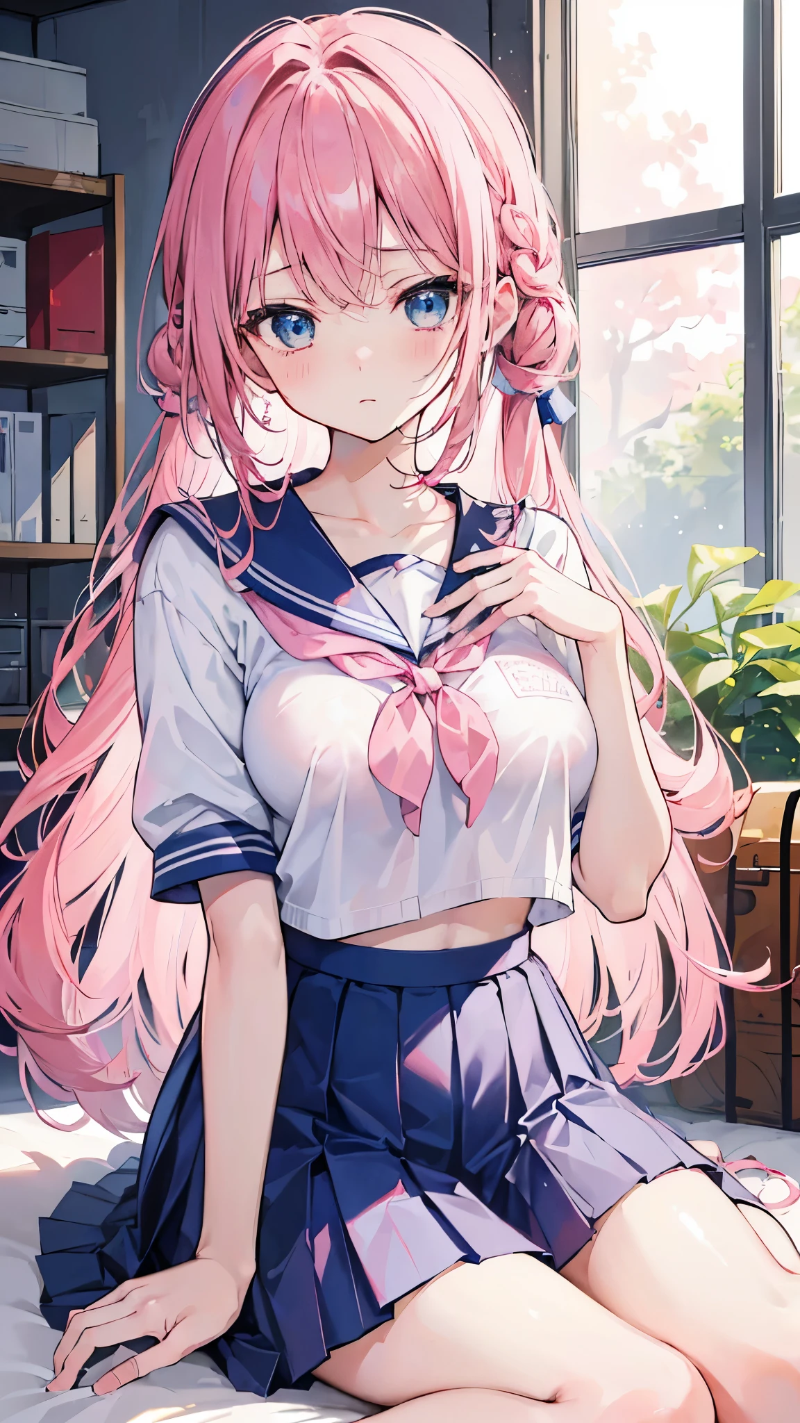 Anime girl with pink hair sitting on a bed in a room - SeaArt AI