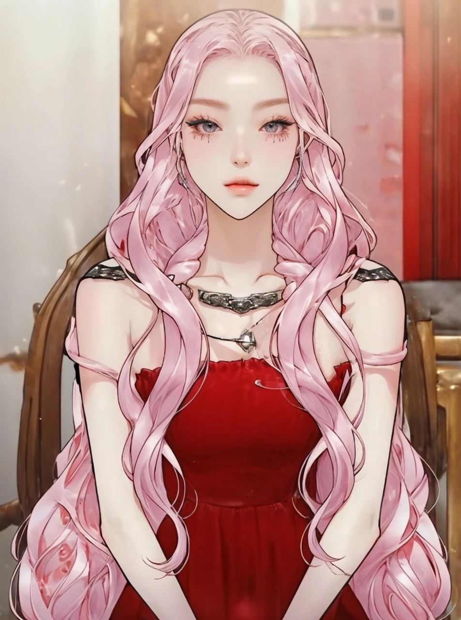 A 32 years old woman with pink hair and pink eyes