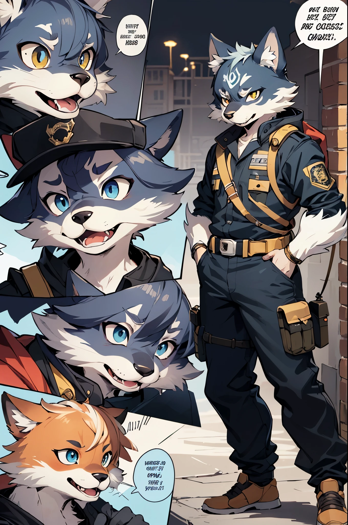top quality, best quality, highres, masterpiece, super high resolution, detailed background, street, gasping for air(super handsome boys, dog)police officer, swat, police uniform, 6+boys, 6+girls, absurdres(highly detailed beautiful face and eyes)perfect anatomy, good lighting, cinematic shadow(kemono, furry anthro)assorted expressions, assorted poses, assorted angles, full body, upper shot, dynamic angle(boys comic-like panel layouts, speech balloon, English text, Hand-drawn sound effects stickers used in battle comic),