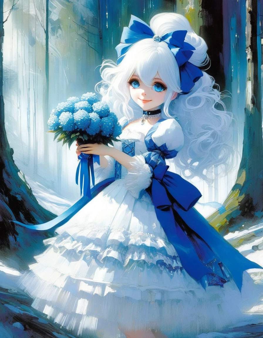 {blue and white theme}, 1girl, solo, alone, smiling, blue gothic ta dress, (white hair, weavy long hair with blue ribbon:1.3), blue sapphire eyes, gems, jewelry, wide sleeves, holding bouquet of crystal flower, outdoors, frozen, forest, full body, masterpiece, highest quality, ultra detailed, Soft light, (rime:1.3), (crystal flower:1.3),(art inspired by Bill Sienkiewicz). oil painting, details of brush strokes that enhance depth)
