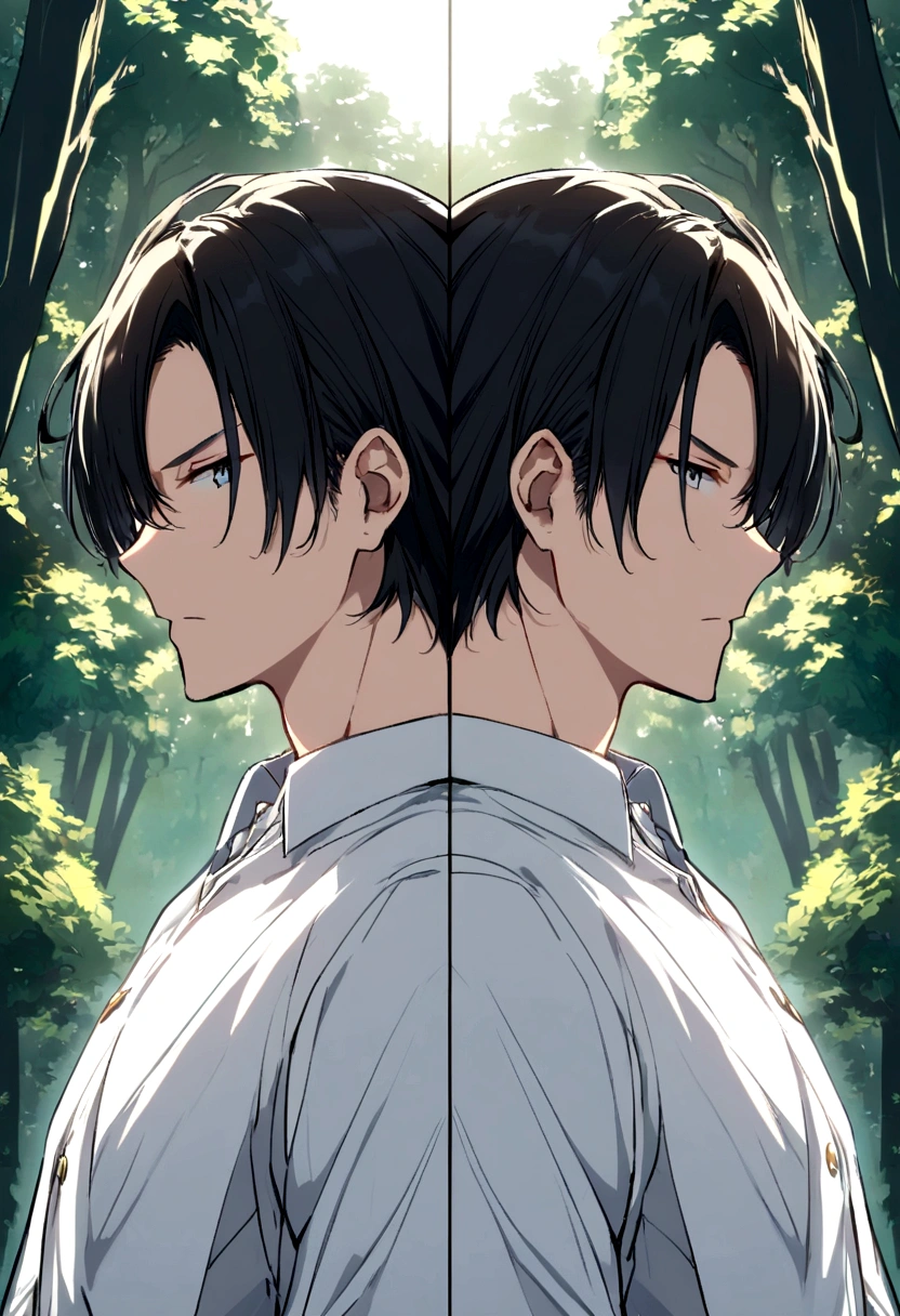 anime boy, shoulder-length straight black hair, forest background, white button-up