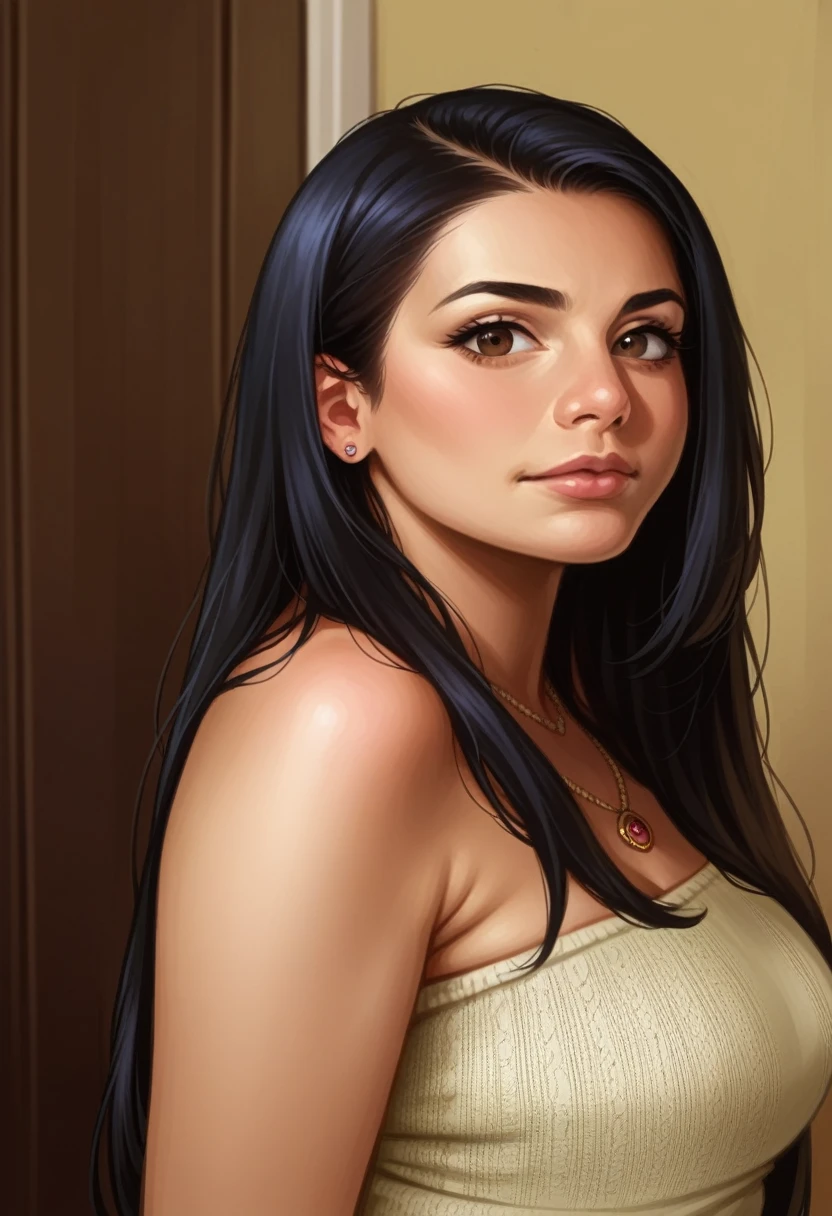 1girl in, age 29, Solo, Long hair, Colossal , Looking at Viewer, blondehair and black, Bare shoulders, Brown eyes, jewely, Full body, a necklace, off shoulders, Sweaters, Realistic, A sexy Indian bhabhi ,with big boob, realistic real photo