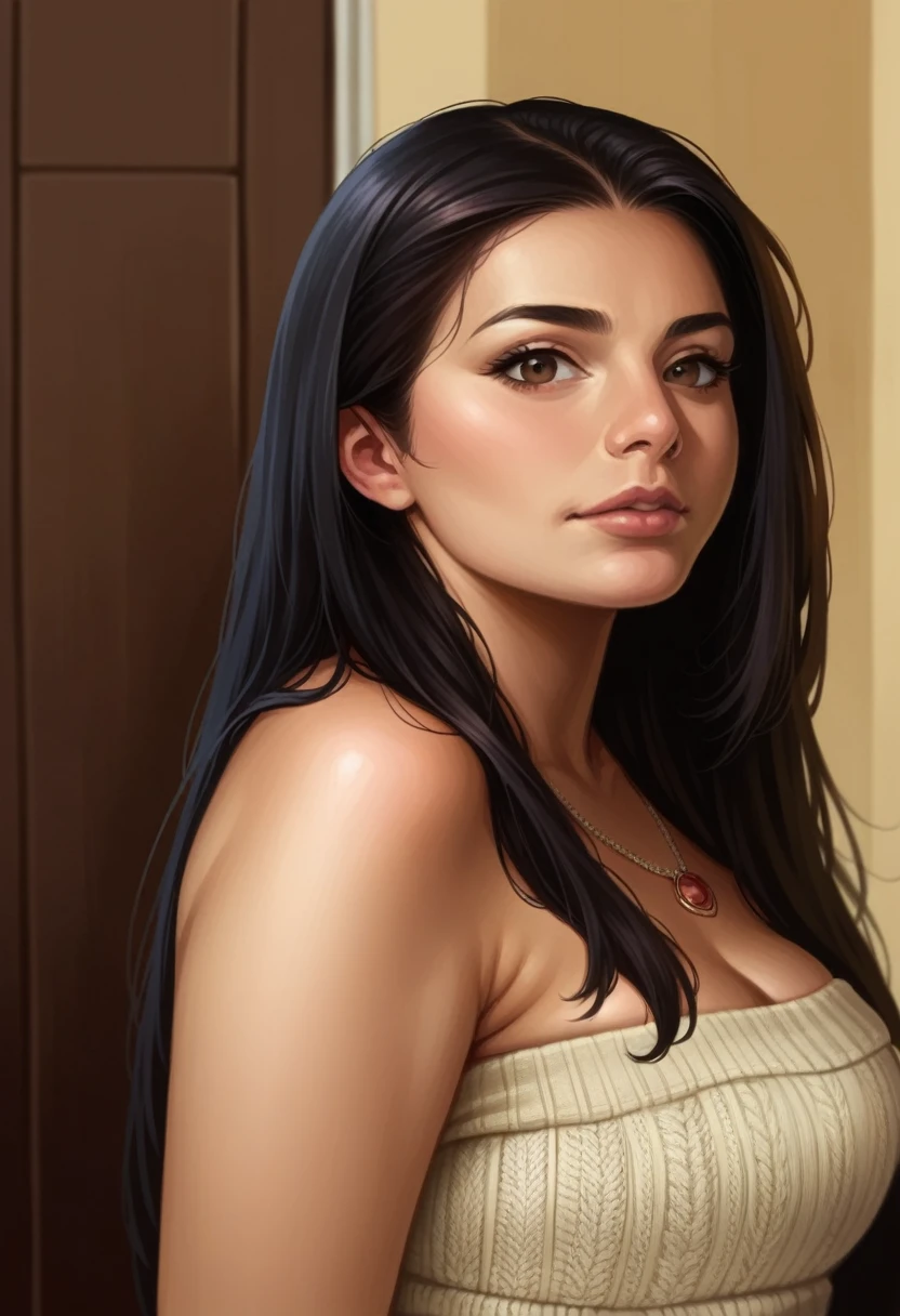 1girl in, age 29, Solo, Long hair, Colossal , Looking at Viewer, blondehair and black, Bare shoulders, Brown eyes, jewely, Full body, a necklace, off shoulders, Sweaters, Realistic, A sexy Indian bhabhi ,with big boob, realistic real photo 