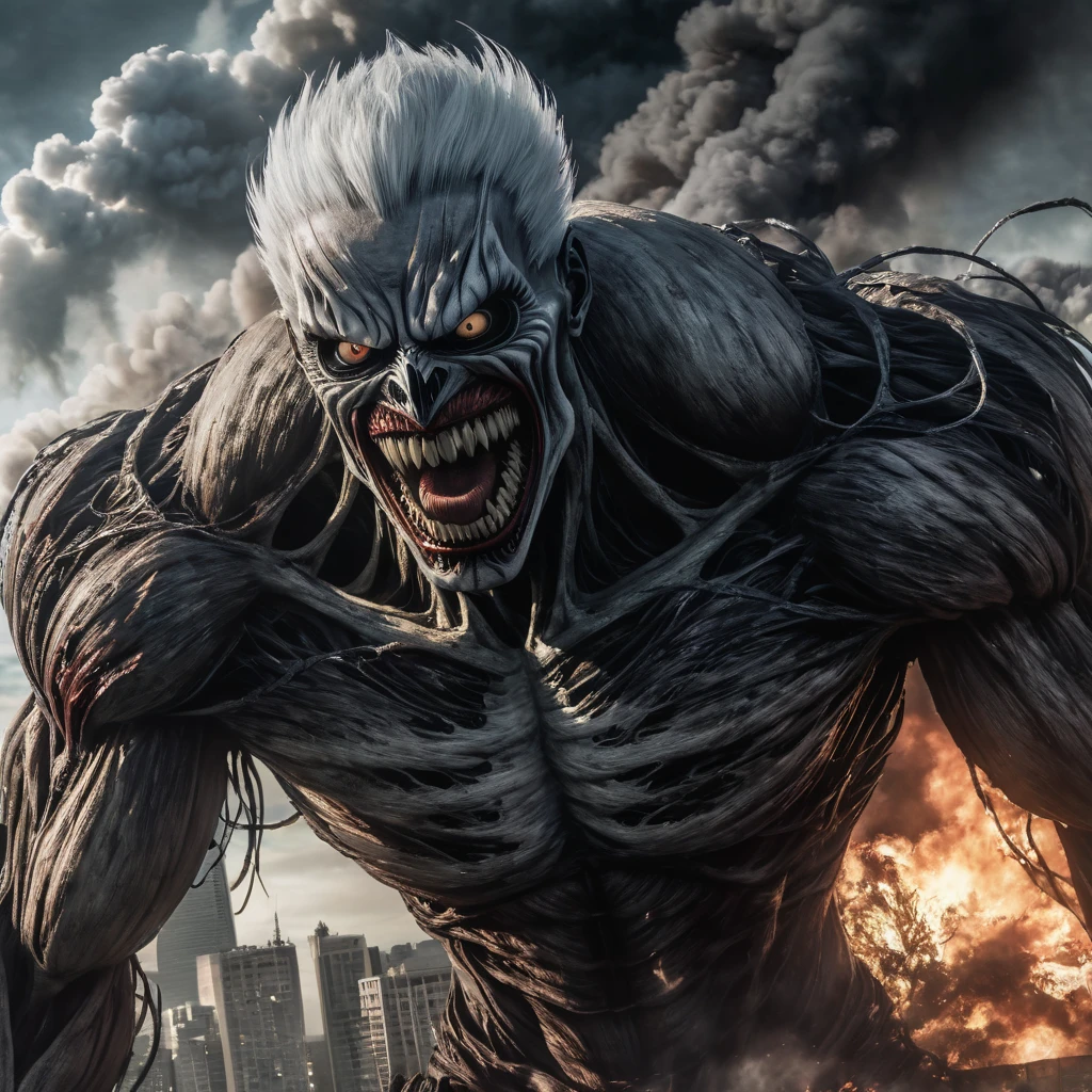 A photorealistic portrait of the Attack on Titan anime ending, featuring shinigami Ryuk in his Titan form battling the colossal Titan. Ryuk of death note as a titan, The portrait captures every detail of the scene, from the expressions on the characters' faces to the smoke and fire in the background. (masterpiece:1.2) (illustration:1.2) (best quality) (detailed) (intricate) (8k) (HDR) (wallpaper) (cinematic lighting) (sharp focus)