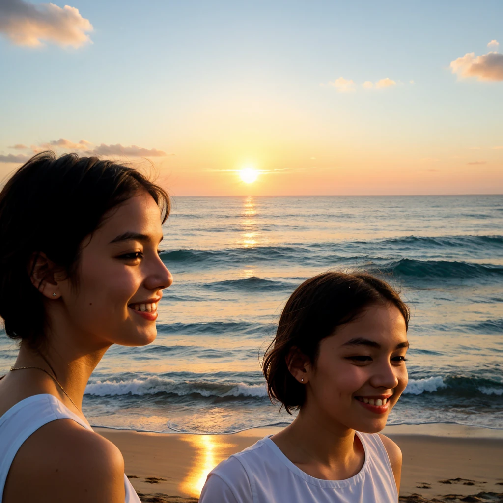 Generated a girl and boy looking at the sunset of the sun and the ocean with a calm face and a slight smile