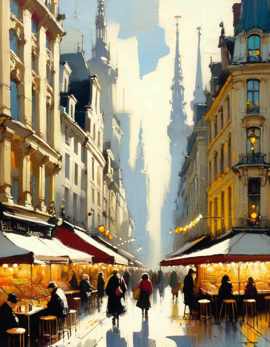 the bustling city, inspired by brussels, markets, cafes, (art inspired by skottie young and Bill Sienkiewicz). oil painting, details of brush strokes that enhance depth)