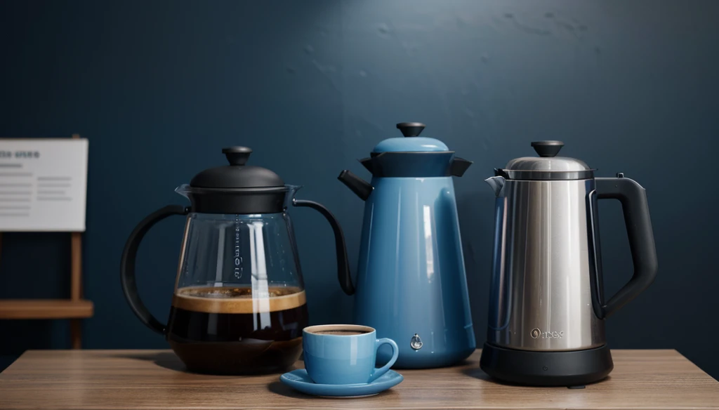 A blue coffee pot and a cup of coffee in the foreground, background with meeting room with dark blue wall, obra de arte, 8k, high resolution.